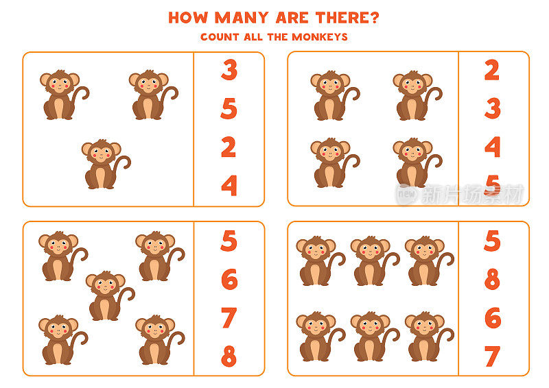 Counting math game with cute cartoon monkeys.